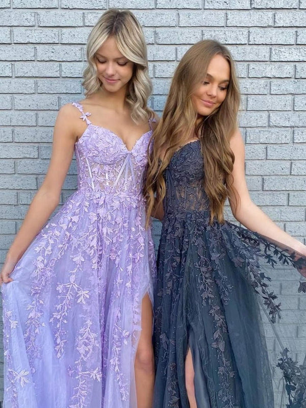 Mariana |Navy Blue A-line Sweetheart Lace Tulle Prom Dress with Slit