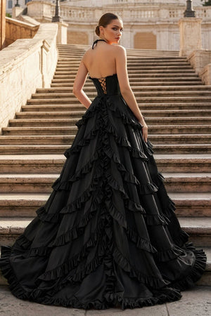 Fuchsia Halter Neck Tiered Ruffles Long Prom Dress - KissProm