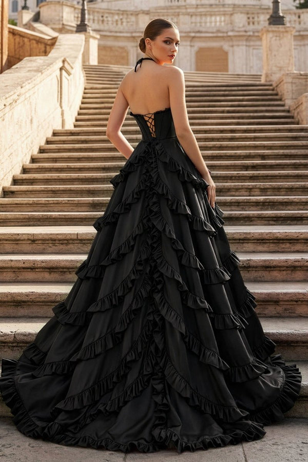 Fuchsia Halter Neck Tiered Ruffles Long Prom Dress - KissProm