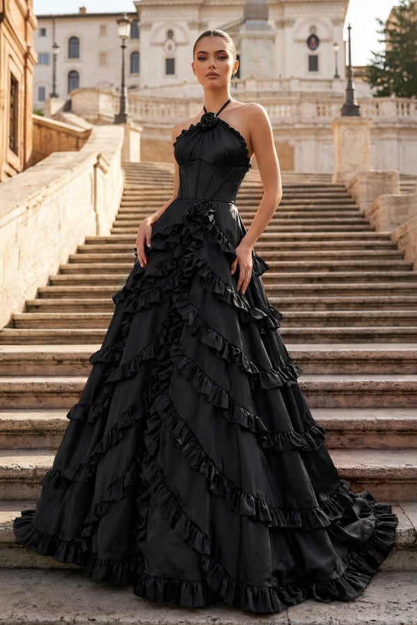 Fuchsia Halter Neck Tiered Ruffles Long Prom Dress - KissProm