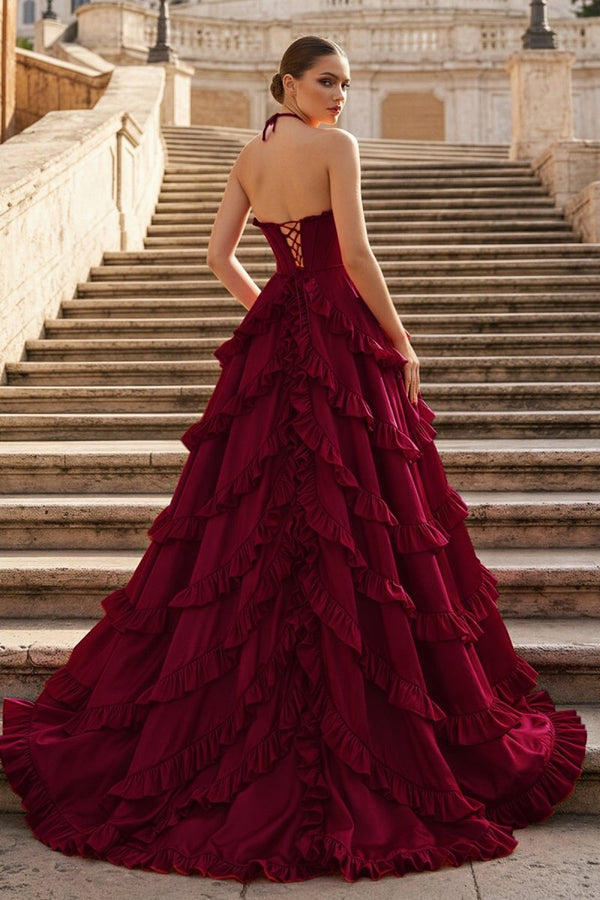 Fuchsia Halter Neck Tiered Ruffles Long Prom Dress - KissProm