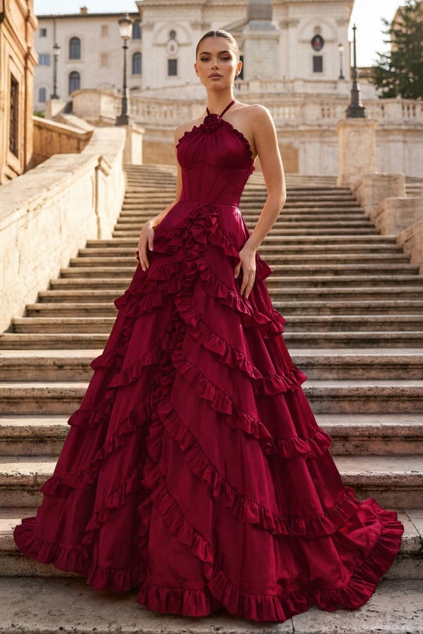 Fuchsia Halter Neck Tiered Ruffles Long Prom Dress - KissProm