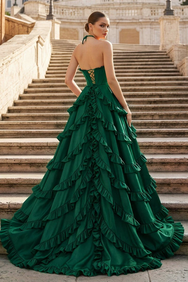 Fuchsia Halter Neck Tiered Ruffles Long Prom Dress - KissProm