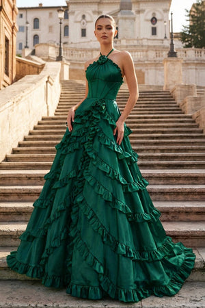 Fuchsia Halter Neck Tiered Ruffles Long Prom Dress - KissProm