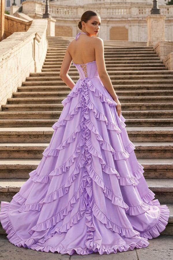 Fuchsia Halter Neck Tiered Ruffles Long Prom Dress - KissProm