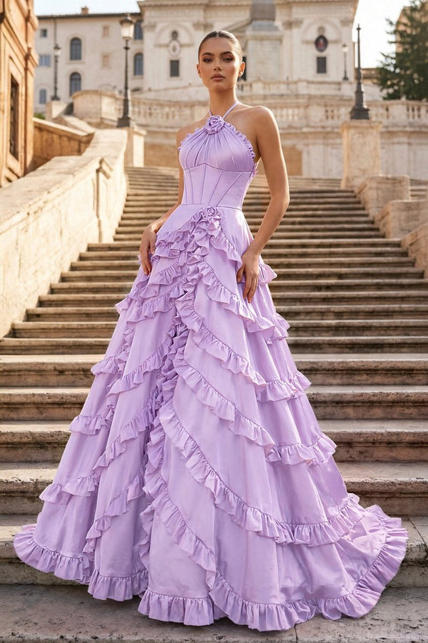 Fuchsia Halter Neck Tiered Ruffles Long Prom Dress - KissProm