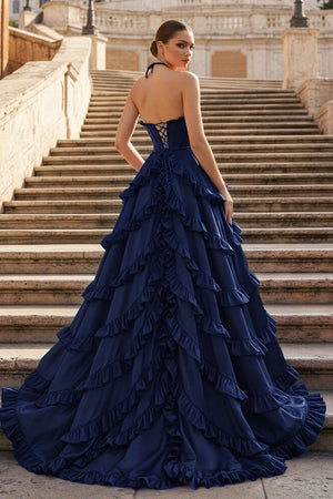 Fuchsia Halter Neck Tiered Ruffles Long Prom Dress - KissProm