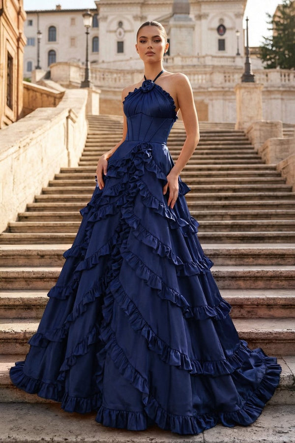 Fuchsia Halter Neck Tiered Ruffles Long Prom Dress - KissProm