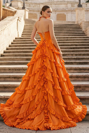 Fuchsia Halter Neck Tiered Ruffles Long Prom Dress - KissProm