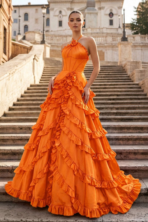 Fuchsia Halter Neck Tiered Ruffles Long Prom Dress - KissProm