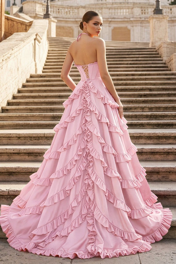 Fuchsia Halter Neck Tiered Ruffles Long Prom Dress - KissProm