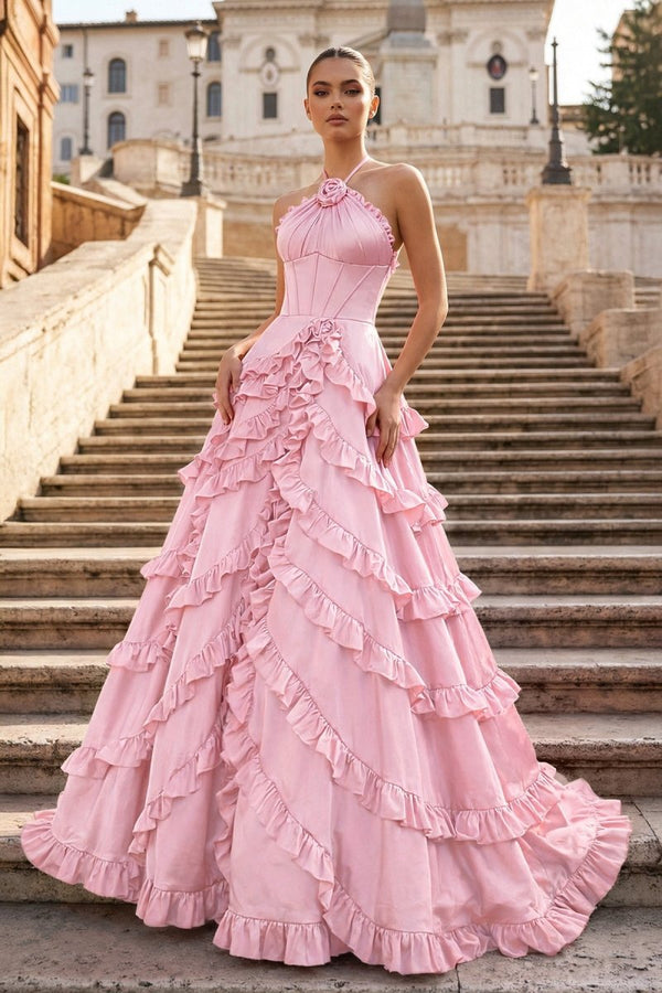 Fuchsia Halter Neck Tiered Ruffles Long Prom Dress - KissProm