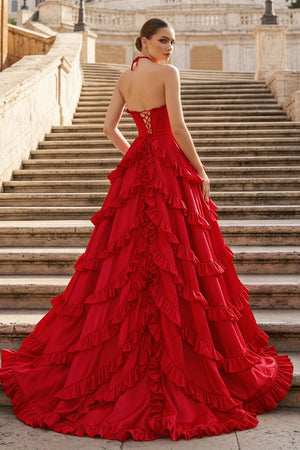 Fuchsia Halter Neck Tiered Ruffles Long Prom Dress - KissProm