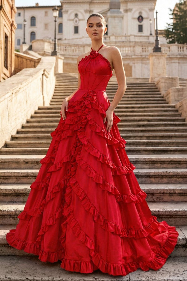 Fuchsia Halter Neck Tiered Ruffles Long Prom Dress - KissProm