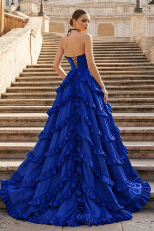 Fuchsia Halter Neck Tiered Ruffles Long Prom Dress - KissProm