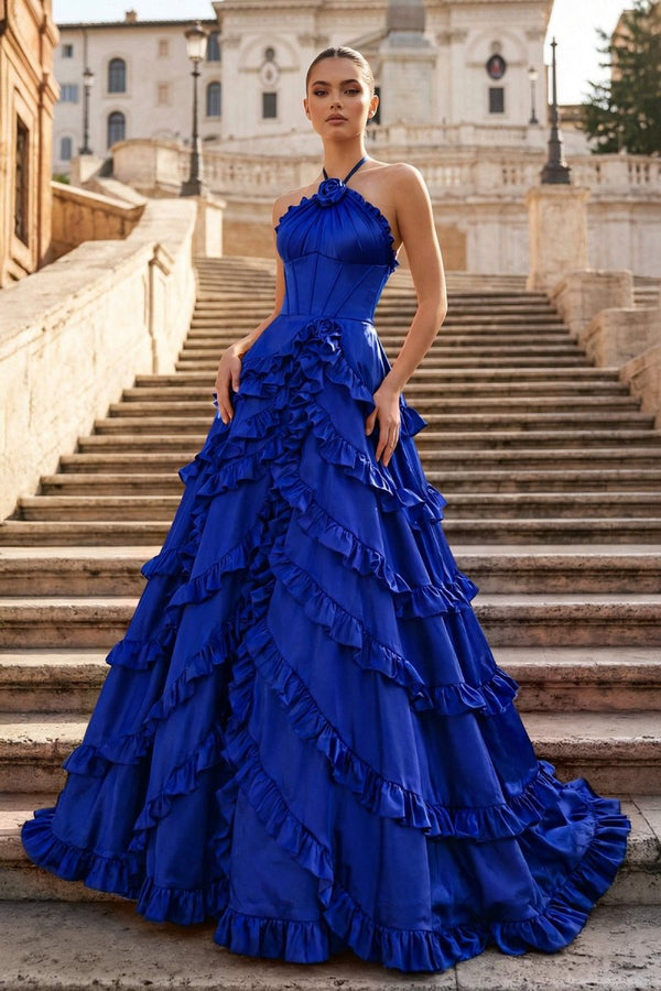 Fuchsia Halter Neck Tiered Ruffles Long Prom Dress - KissProm