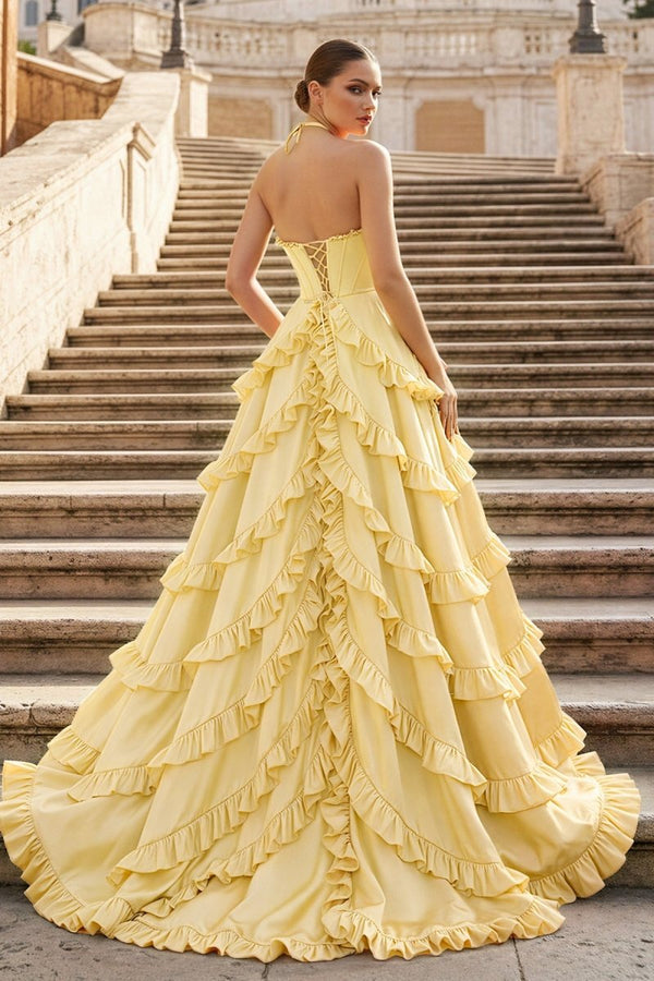 Fuchsia Halter Neck Tiered Ruffles Long Prom Dress - KissProm