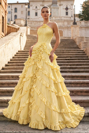 Fuchsia Halter Neck Tiered Ruffles Long Prom Dress - KissProm