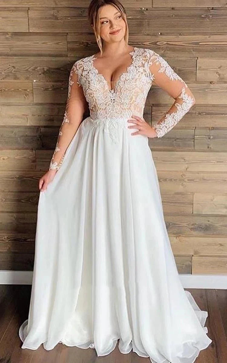 Mature Floral Long Sleeve A-Line Lace Wedding Dress – Wedding Dresses by KissProm | Available at KissProm