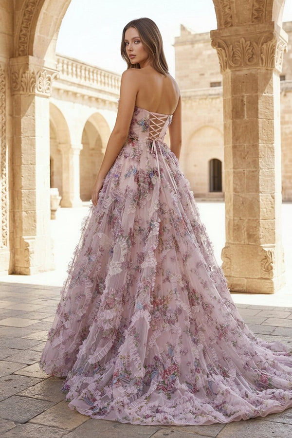 A - Line Strapless Floral Print Ruffle Long Prom Dress with Slit - KissProm