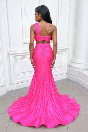 Hot Pink Two Piece One Shoulder Satin Mermaid Prom Dress