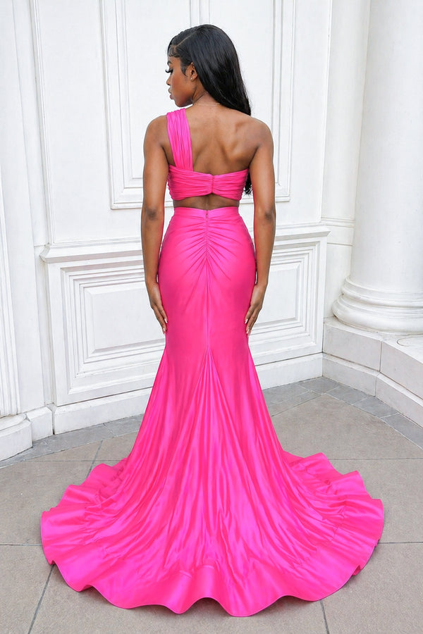 Hot Pink Two Piece One Shoulder Satin Mermaid Prom Dress