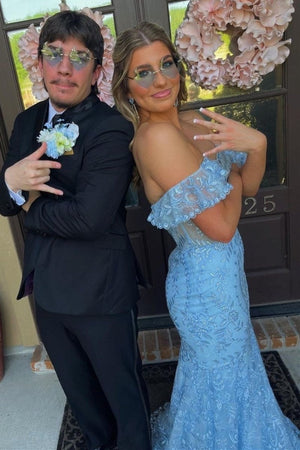 Mckail | Blue Floral Lace Off - the - Shoulder Ruffle Long Prom Dress - KissProm