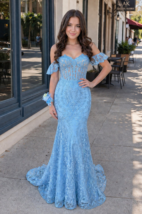 Blue Floral Lace Off-the-Shoulder Ruffle Long Prom Dress