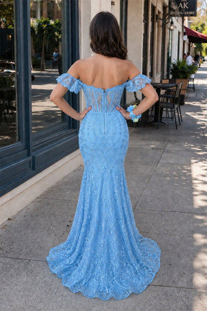 Blue Floral Lace Off-the-Shoulder Ruffle Long Prom Dress