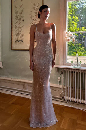 McKoye| Simple Pink Mermaid Straps Sequin Prom Dresses With Split