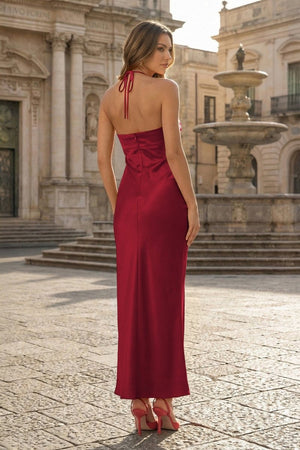 Red Halter Sheath Satin Long Formal Prom Dresses With Flower - KissProm