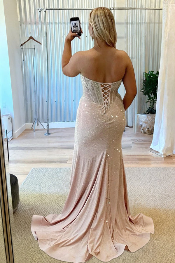 Melissia | Pink - Strapless Mermaid Satin Beaded Long Formal Prom Dresses With Slit-KissProm