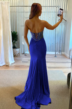 Melissia | Sky Blue - Strapless Mermaid Satin Beaded Long Formal Prom Dresses With Slit - KissProm