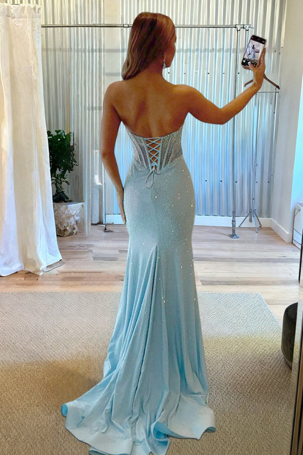 Melissia | Sky Blue - Strapless Mermaid Satin Beaded Long Formal Prom Dresses With Slit - KissProm