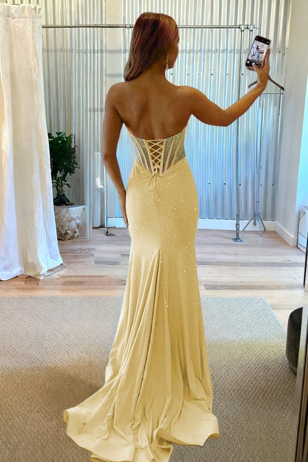 Melissia | Sky Blue - Strapless Mermaid Satin Beaded Long Formal Prom Dresses With Slit - KissProm