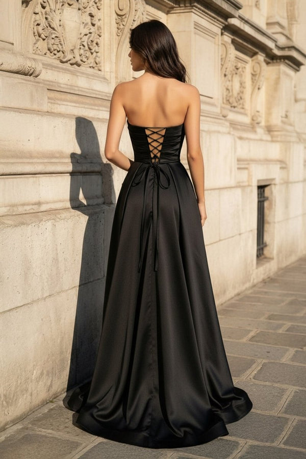 A Line Black Strapless Satin Prom Dresses With Slit – Prom Dress by KissProm | Available at KissProm