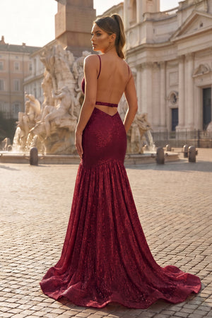 Mermaid Burgundy V Neck Sequins Prom Dress - KissProm