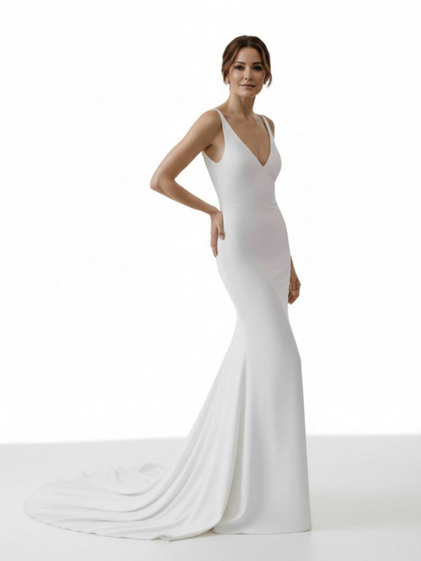 Mermaid Deep V-Neck Backless White Wedding Dress – Wedding Dresses by KissProm | Available at KissProm