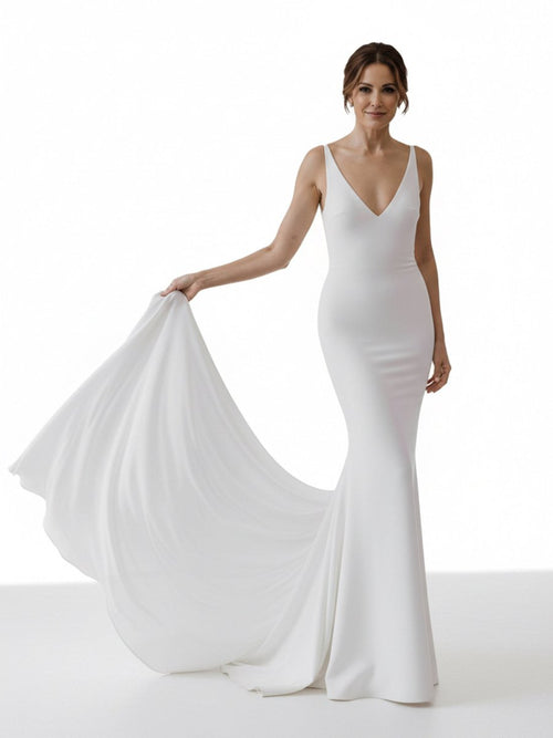 Mermaid Deep V-Neck Backless White Wedding Dress – Wedding Dresses by KissProm | Available at KissProm