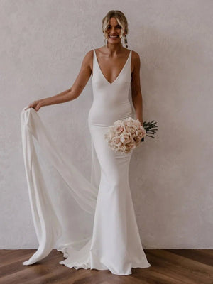 Mermaid Deep V-Neck Backless White Wedding Dress – Wedding Dresses by KissProm | Available at KissProm