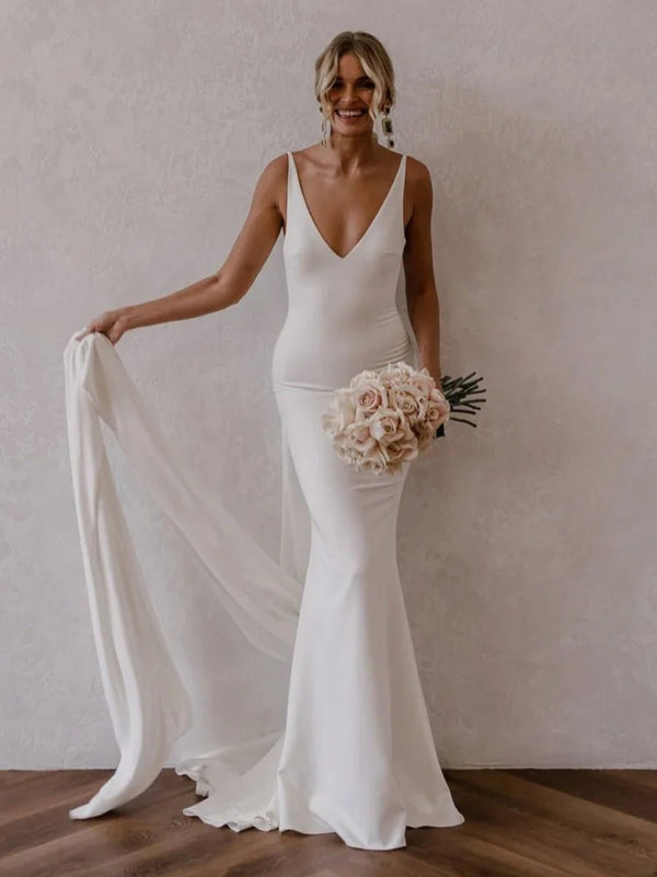 Mermaid Deep V-Neck Backless White Wedding Dress – Wedding Dresses by KissProm | Available at KissProm