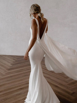 Mermaid Deep V-Neck Backless White Wedding Dress – Wedding Dresses by KissProm | Available at KissProm