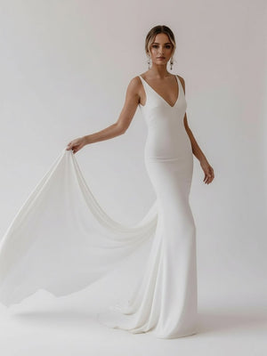 Mermaid Deep V-Neck Backless White Wedding Dress – Wedding Dresses by KissProm | Available at KissProm
