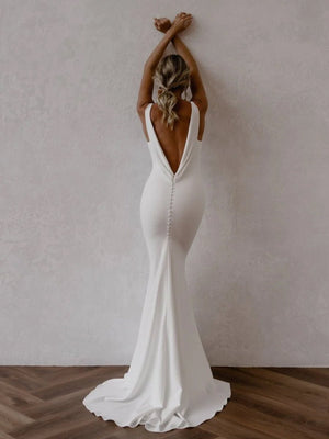 Mermaid Deep V-Neck Backless White Wedding Dress – Wedding Dresses by KissProm | Available at KissProm