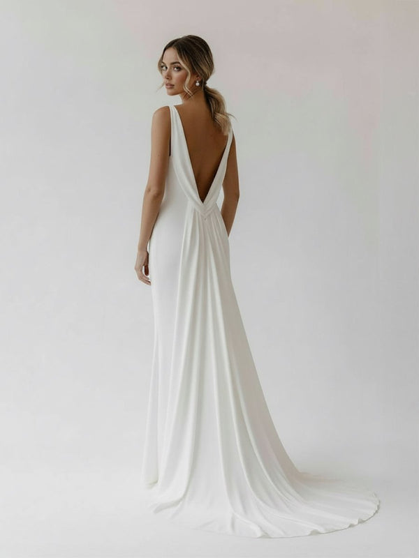 Mermaid Deep V-Neck Backless White Wedding Dress – Wedding Dresses by KissProm | Available at KissProm