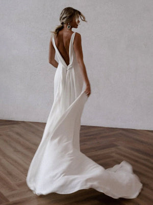 Mermaid Deep V-Neck Backless White Wedding Dress – Wedding Dresses by KissProm | Available at KissProm