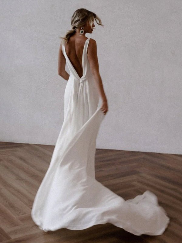 Mermaid Deep V-Neck Backless White Wedding Dress – Wedding Dresses by KissProm | Available at KissProm