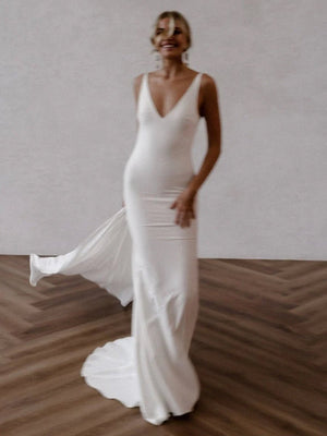 Mermaid Deep V-Neck Backless White Wedding Dress – Wedding Dresses by KissProm | Available at KissProm