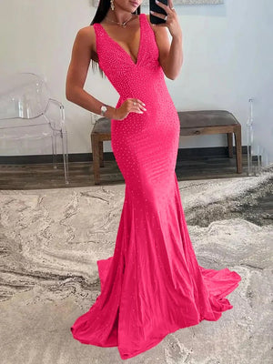 Mermaid Deep V-Neck Beaded Satin Long Prom Dress – Prom Dress by KissProm | Available at KissProm