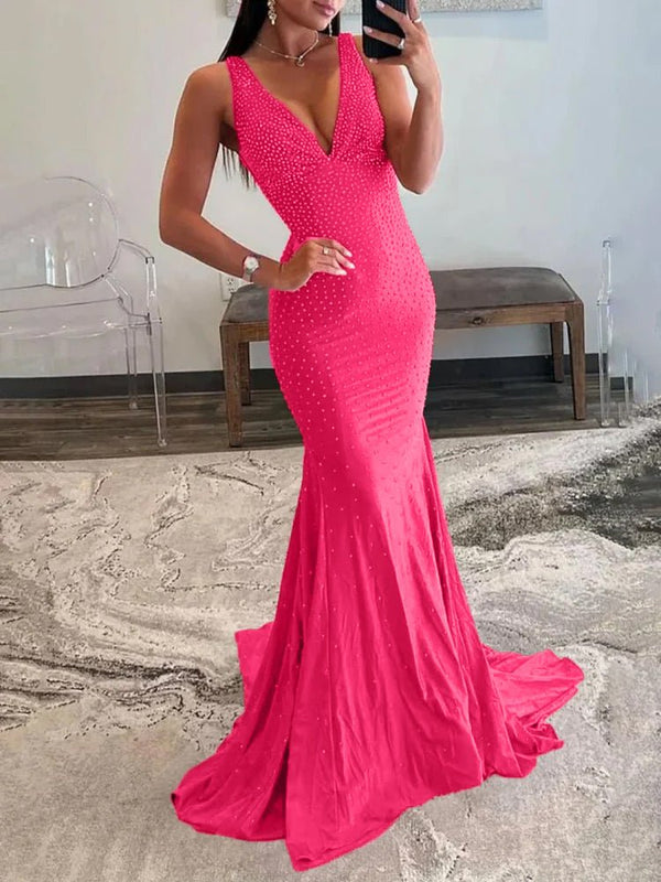 Mermaid Deep V-Neck Beaded Satin Long Prom Dress – Prom Dress by KissProm | Available at KissProm